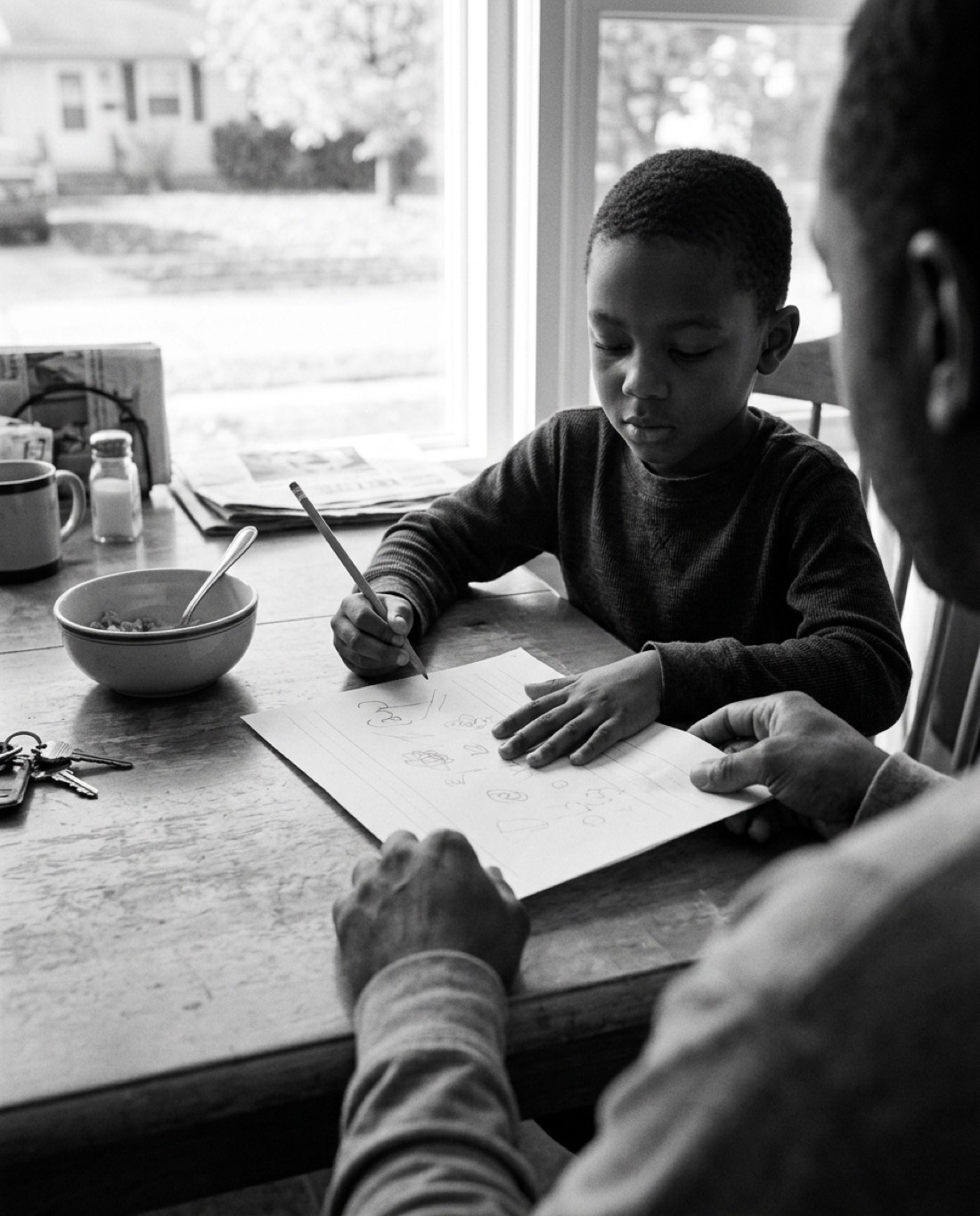 A parent slides a printed worksheet across the kitchen table to a child, who is already reaching for it