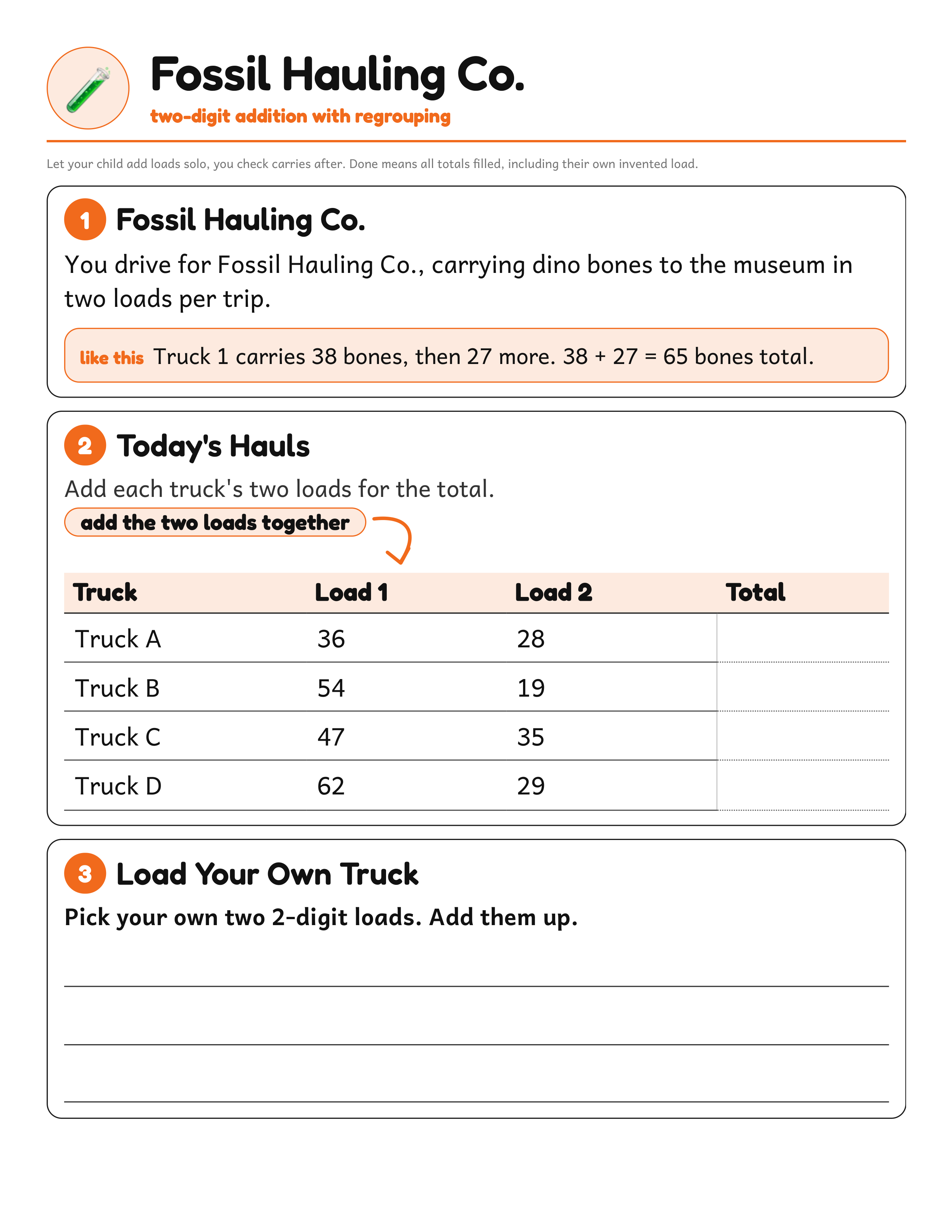 A printed Paper Club worksheet: a dinosaur hauling company adds up loads, with a worked example and a drawing box